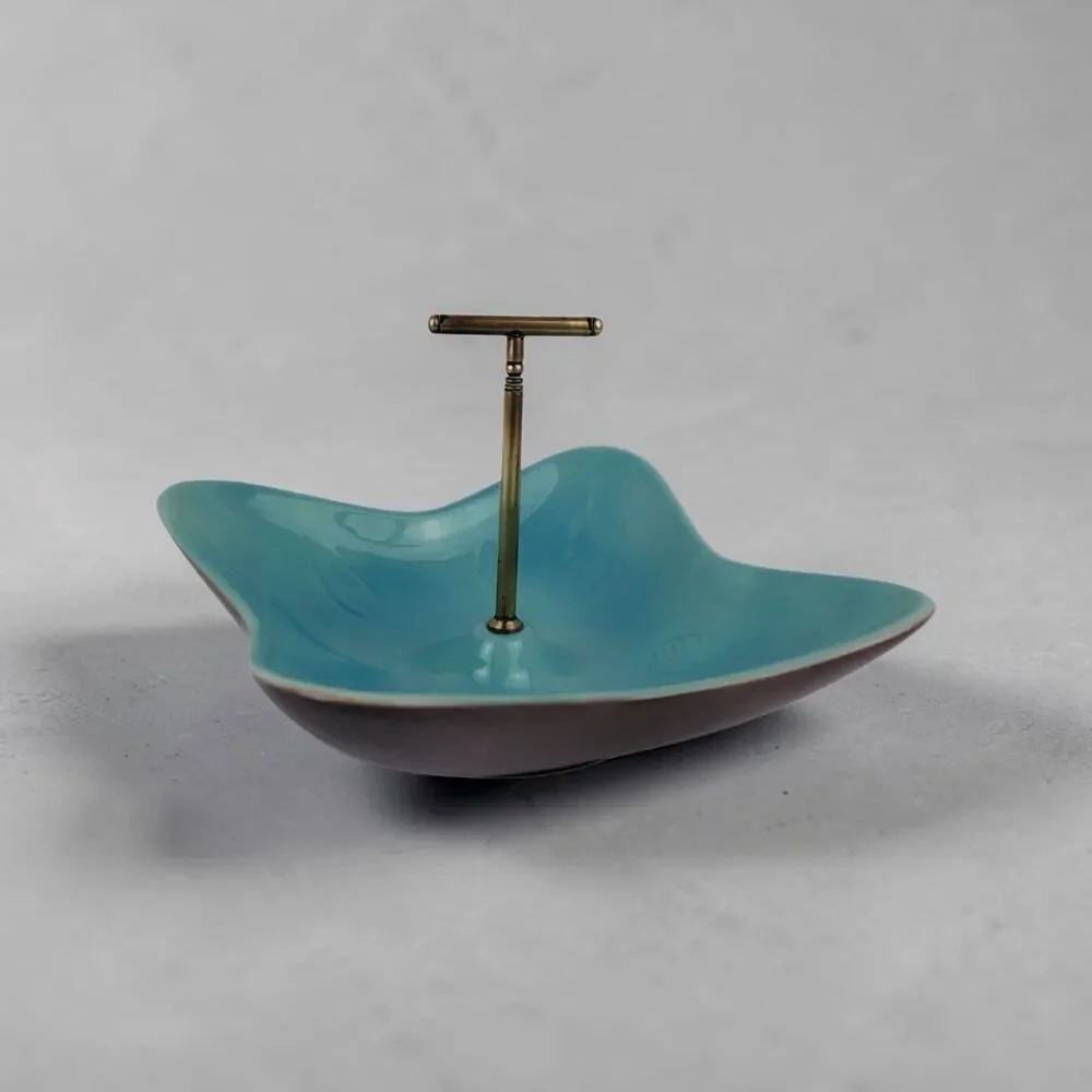 California USA Pottery Turquoise Candy Nut Dish Brass Handle 1950's Vtg Atomic